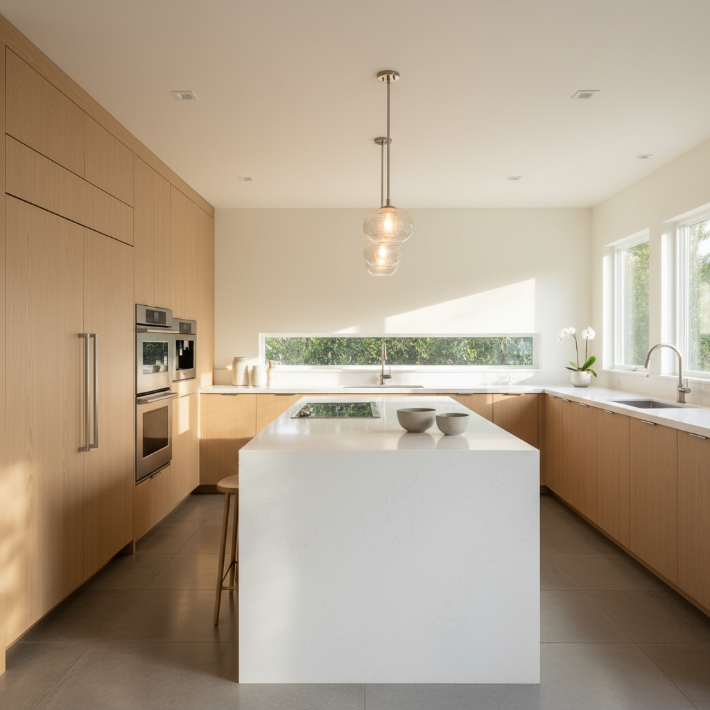 Bright premium kitchen with integrated refrigerator