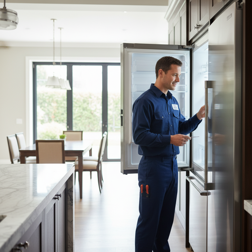 Professional appliance repair technician inspecting a built-in refrigerator